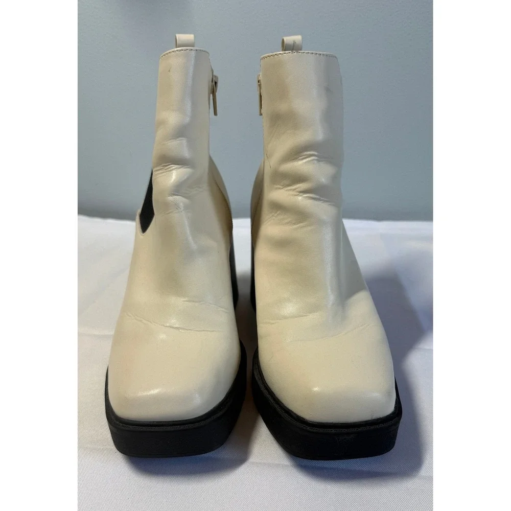 MIA Cream Square Toe Platform Ankle Boots Chunky Block Heel Lug Sole Womens 9M